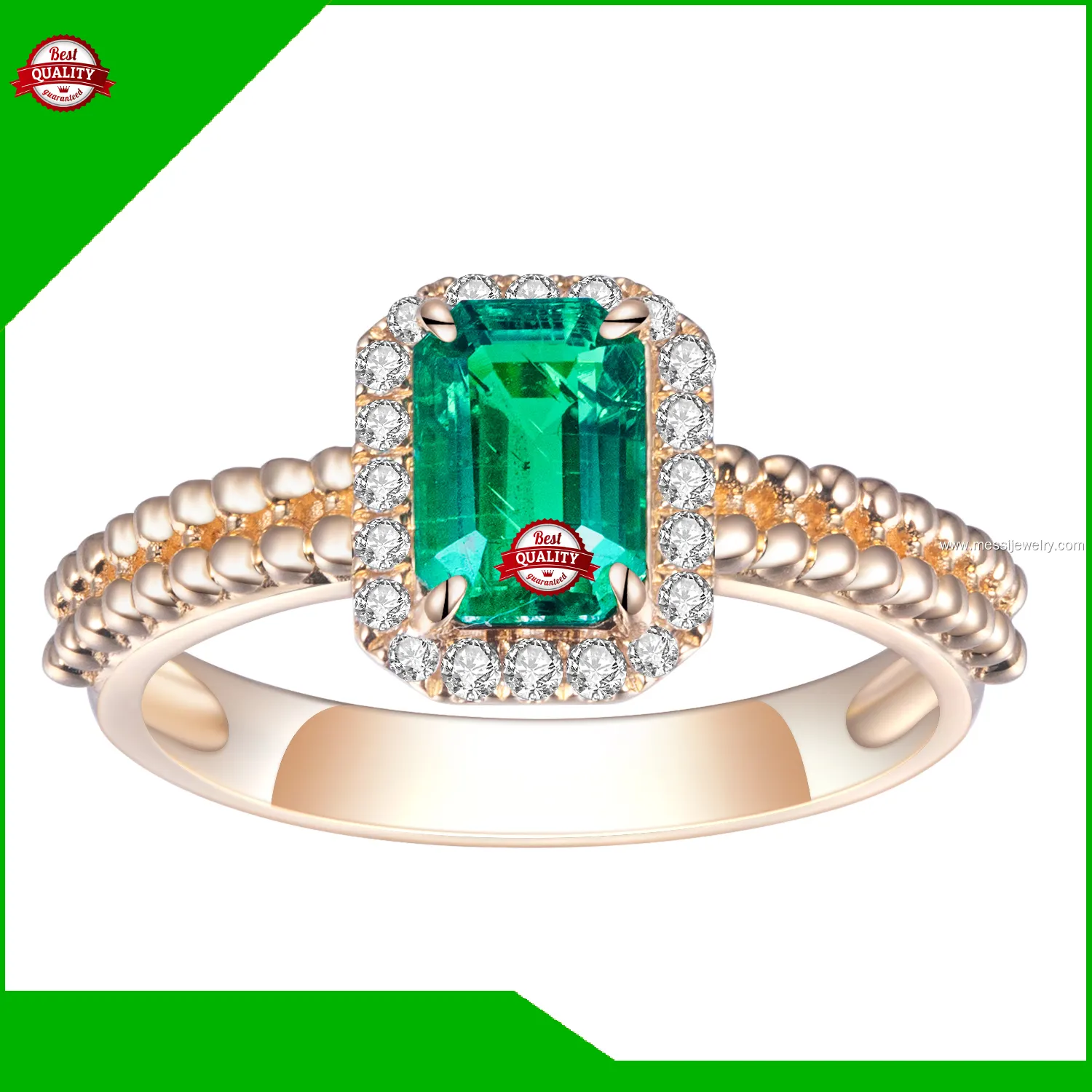 Messi Jewelry 18K Yellow Gold Lab Grown Emerald Halo Ring 1