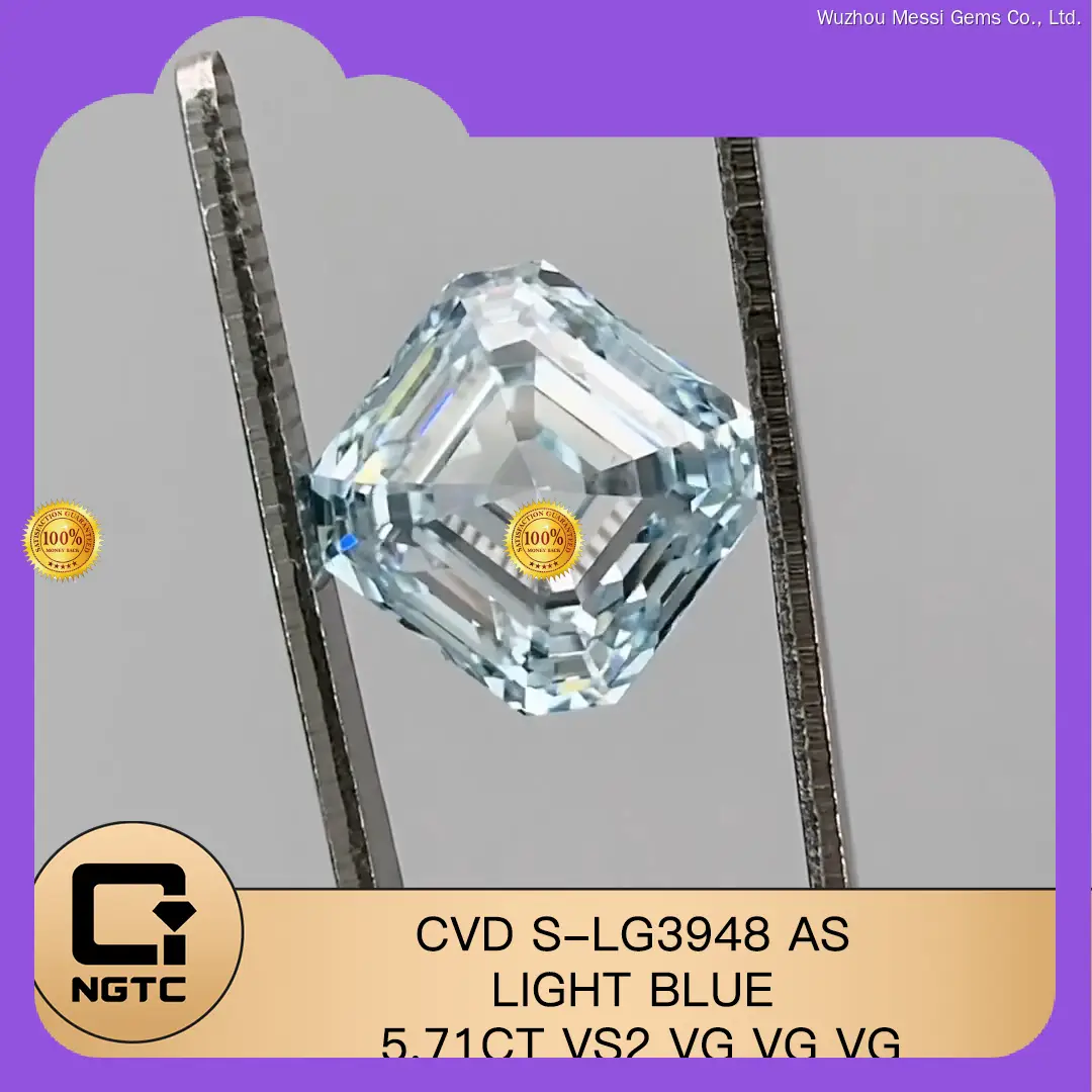 Asscher Cut Lab Diamond - 5.71ct Light Blue VS2 - Messi Jewelry 1