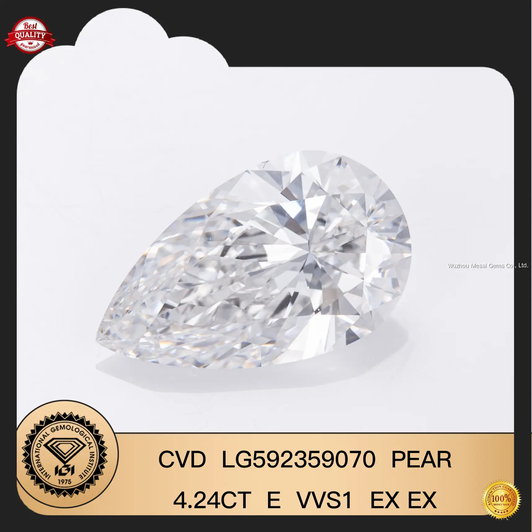 4.24CT E VVS1 Pear Lab Diamond - IGI Certified - Customize Your Own 1