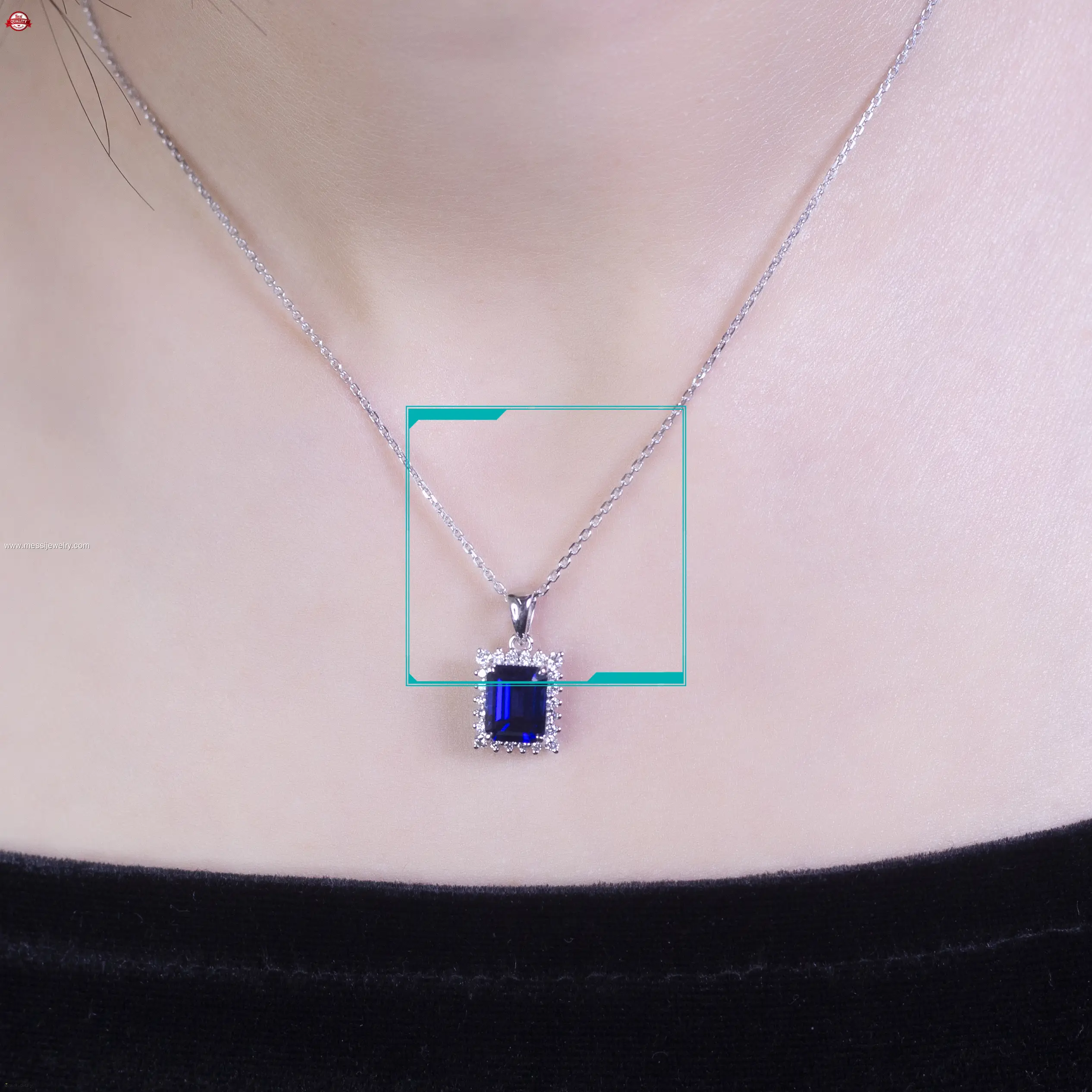 Emerald Cut White Gold Lab Grown Sapphire Pendant Necklace - Showcase of R&amp;D 1