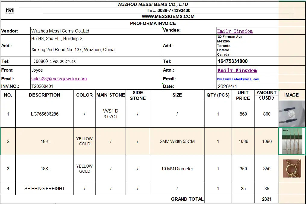 Messi Jewelry Customize OVAL VVS1 D 3.07CT, 10MM DIAMETER CIRCLE AND 2MM 55CM CHAIN IN 18K YELLOW GOLD 1