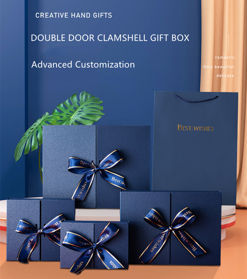 Aangepaste grijze cadeau -doos met lint dubbele deur clamshell doos karton flap ins style bronzing 2