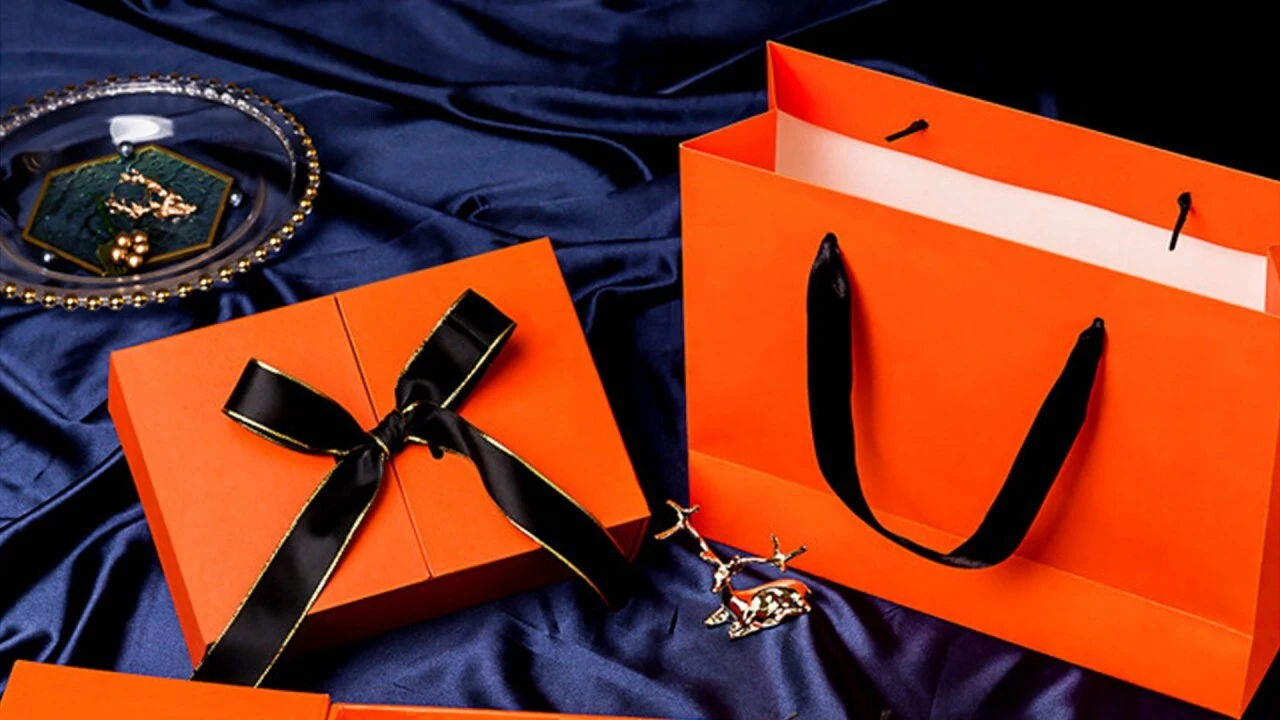 Custom Greyboard Folio Gift Box With Ribbon Orange Double Door Clamshell Box 1