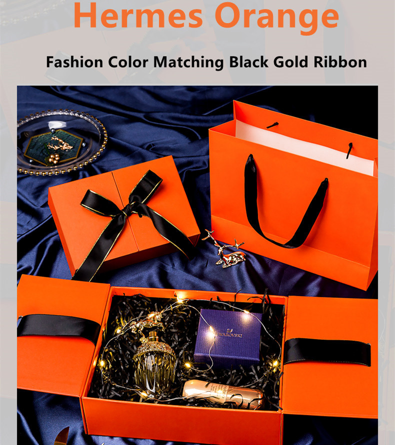 Custom Greyboard Folio Gift Box met Ribbon Orange Double Door Clamshell Box 2