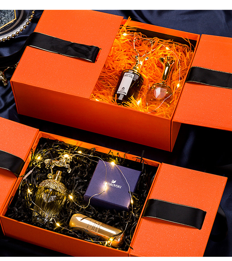 Custom Greyboard Folio Gift Box met Ribbon Orange Double Door Clamshell Box 6