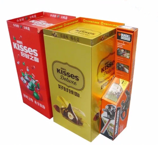 Made in China attractive cardboard printed candy food and beverage display stand supermarket colorful candy tray display 4