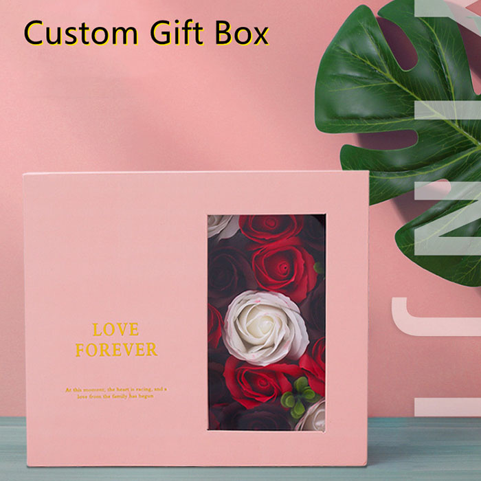 Aangepaste geschenkdoos met PVC -raam roze rigide kartonnen doos met lintboekstijl doos flipbox 6