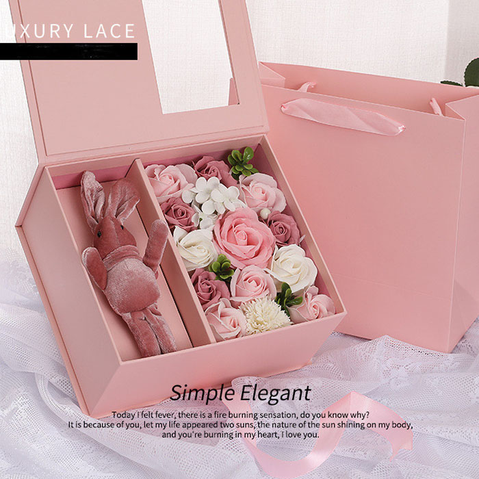 Aangepaste geschenkdoos met PVC -raam roze rigide kartonnen doos met lintboekstijl doos flipbox 5
