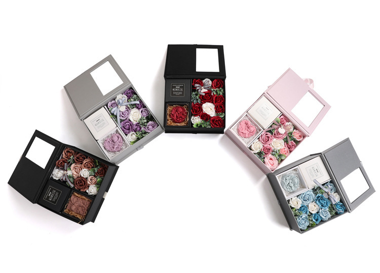 Aangepaste geschenkdoos met PVC -raam roze rigide kartonnen doos met lintboekstijl doos flipbox 9