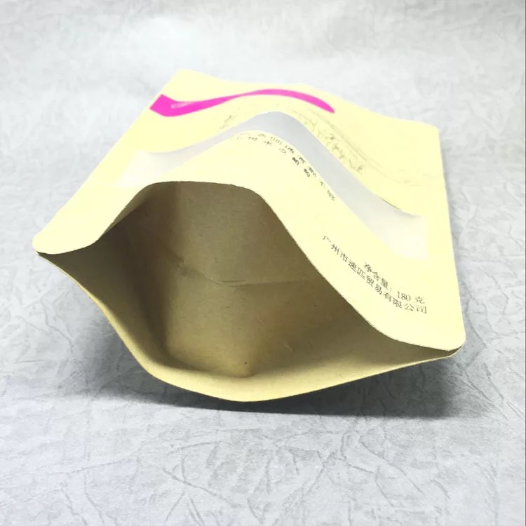 Embalaje de alimentos impreso personalizado al por mayor liso barato barato de papel barato bolso marrón con cremallera con ventana delantera 17