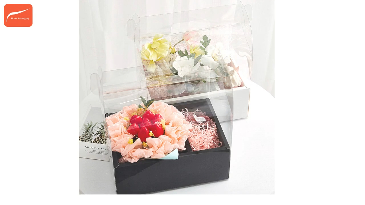 Custom Foldable PVC Transparent Tote Box Flower Cake Gift box with Stickers Labels Ribbon 1
