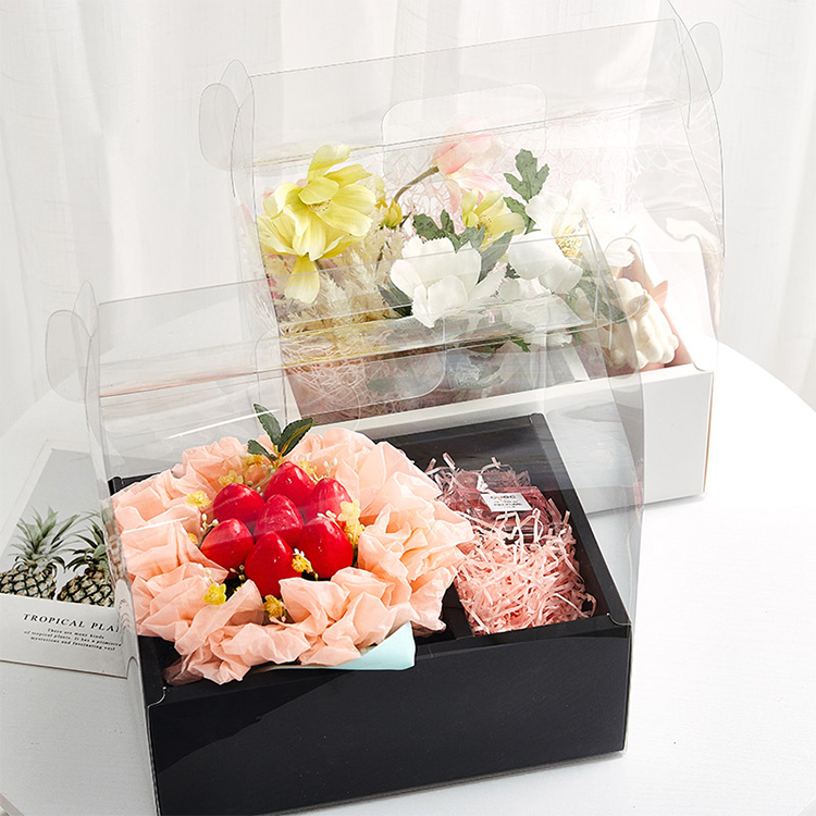 Aangepaste opvouwbare PVC Transparant Tote Doos Bloemcake geschenkdoos met stickers Labels lint 3