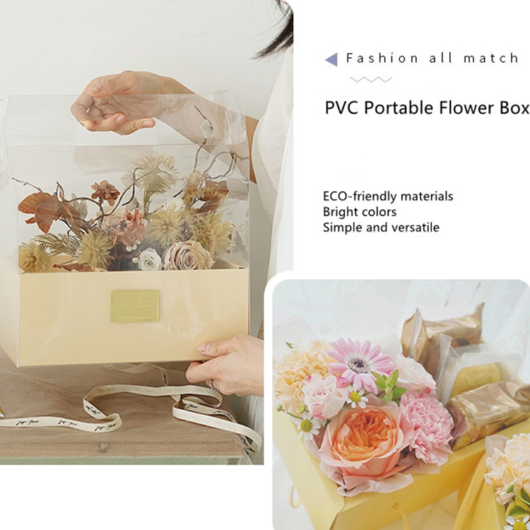 Aangepaste opvouwbare PVC Transparant Tote Doos Bloemcake geschenkdoos met stickers Labels lint 7