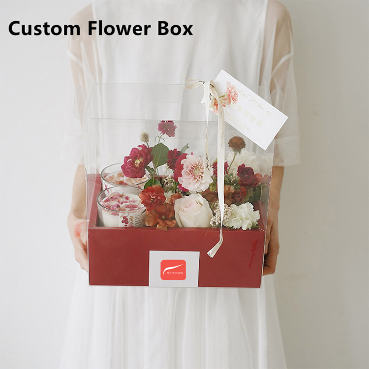 Aangepaste opvouwbare PVC Transparant Tote Doos Bloemcake geschenkdoos met stickers Labels lint 2