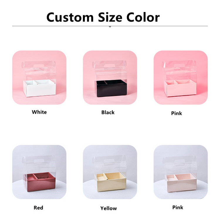 Aangepaste opvouwbare PVC Transparant Tote Doos Bloemcake geschenkdoos met stickers Labels lint 5