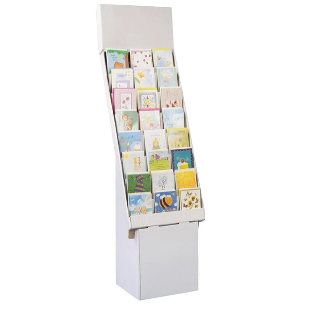 Greeting Card Rack with 8 Display Tiers, Removable Header, Floor-Standing POP Display Stand - White Corrugated 1