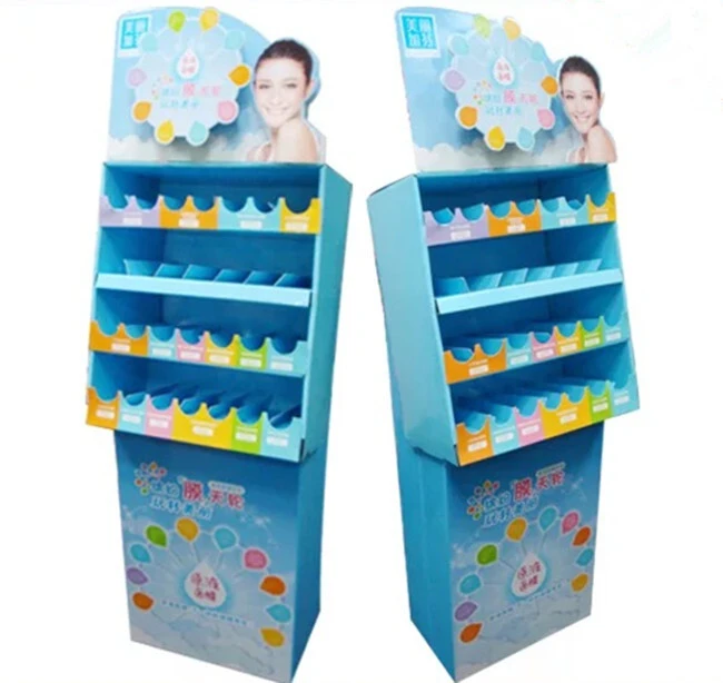 Eco-friendly corrugated paper shelf floor display stand for popular design cosmetics store 1