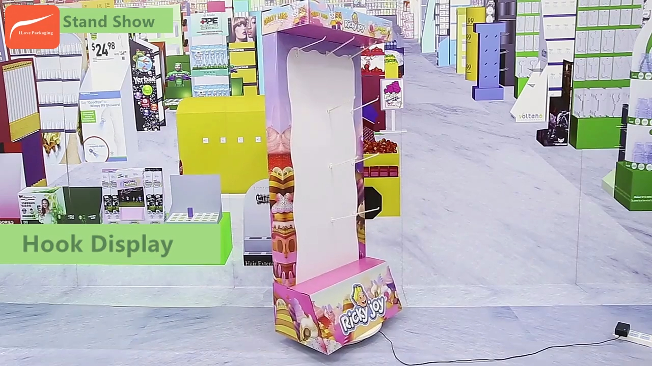 I Love Packaging Custom Candy Snack Food Cardboard Floor Display with Hook 1