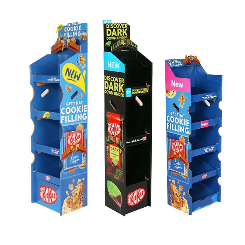 Aangepaste pop -vloer winkelproductdisplay -eenheid standaards golfkartonnen snoepvoedsel drankjes kartonnen display ra 3