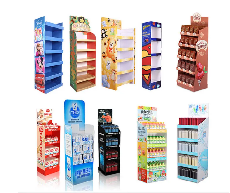Aangepaste pop -vloer winkelproductdisplay -eenheid standaards golfkartonnen snoepvoedsel drankjes kartonnen display ra 4