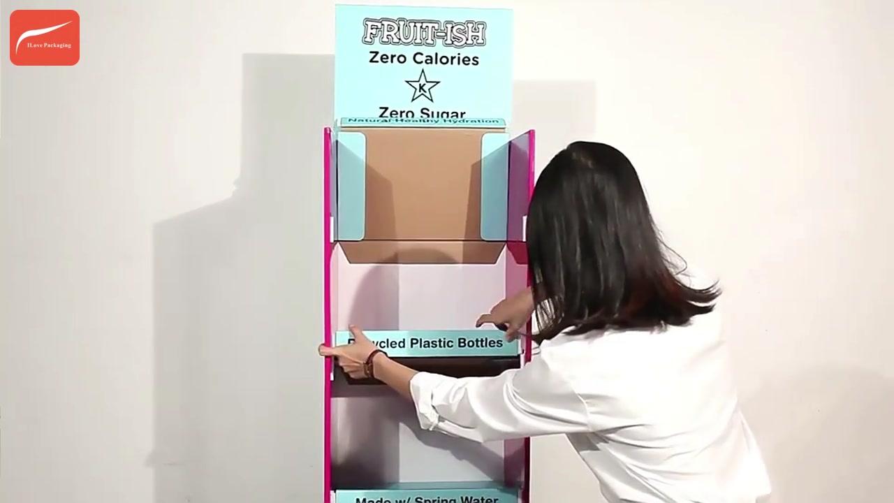 I LOVE PACKAGING 4 tier Cardboard Paper Beverage Display Stand for Fruit Juice Cardboard Display for Drinks Cardboard