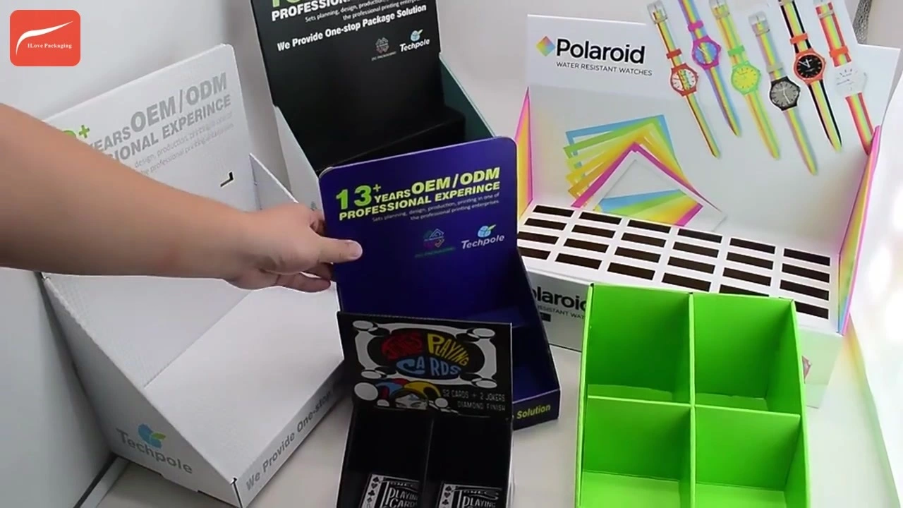 I LOVE PACKAGING Custom Color Printed Retail Promotion Folding 3 Tiers Cardboard Paper PDQ Counter Top Display Stand 1