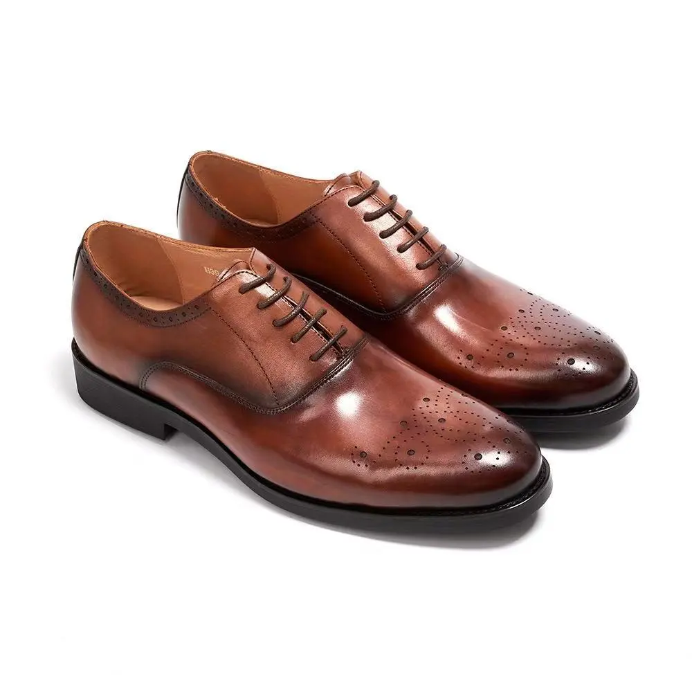 Factory Wholesale Men’s Genuine Leather Brown Wiped Color Brooks Carved Oxford Shoes, British Style Business Formal 1