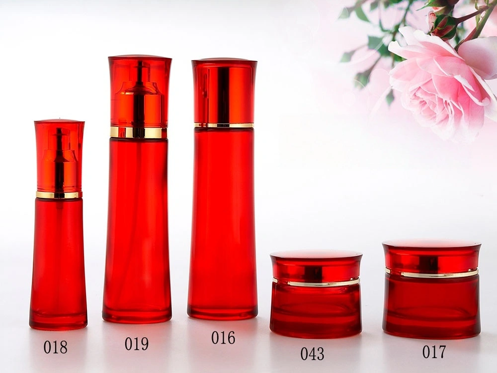 Red Glass Skincare Bottle Set with Gold - Accented Caps (Models 016, 017, 018, 019, 043) - Full Specifications 1