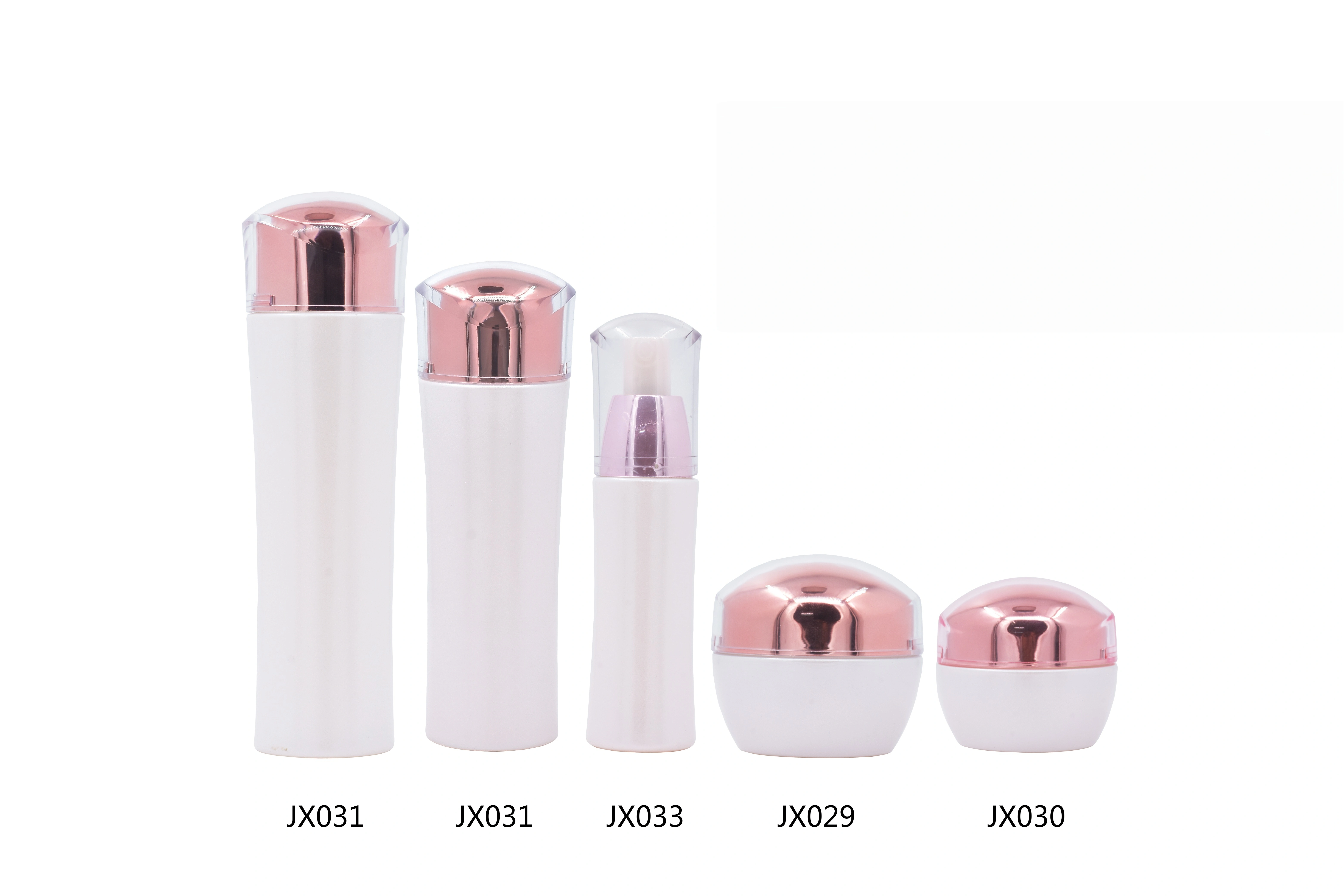 Pink - White Glass Skincare Bottle Set with Rose - Gold Caps (Models JX029, JX030, JX031, JX033) - Full Specifications 1
