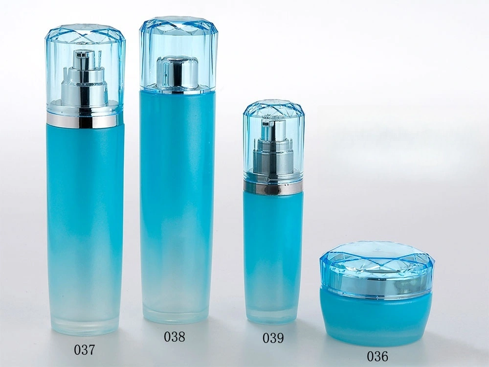 Frosted Light Blue Glass Skincare Bottle Set with Diamond - Shaped Caps (Models 036, 037, 038, 039) - Full Specifications 1