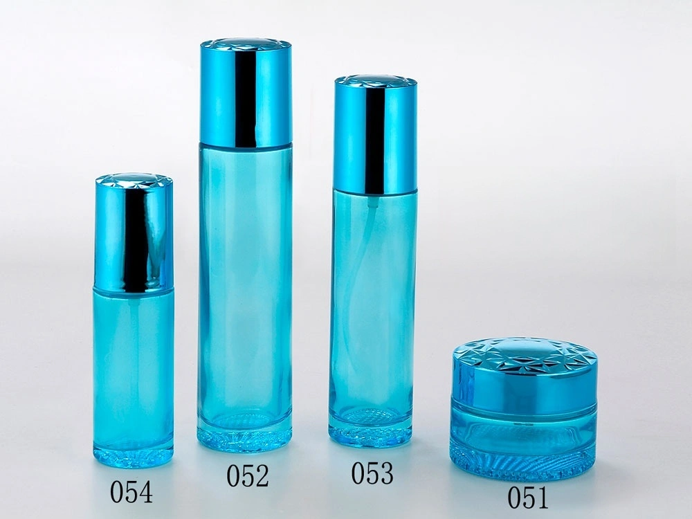 Blue Glass Skincare Bottle Set with Decorative Caps (Models 051, 052, 053, 054) - Full Specifications 1