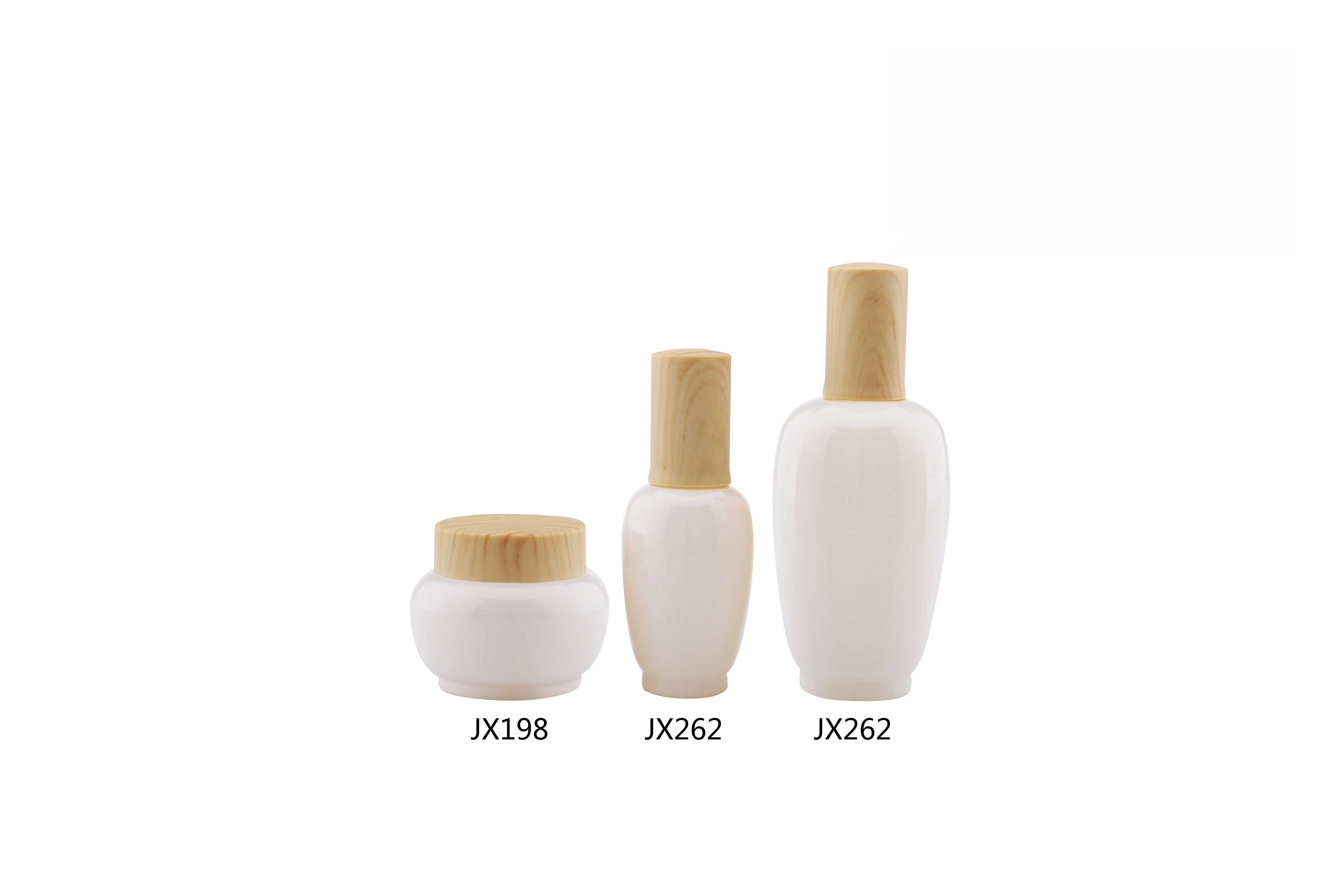 White Glass Skincare Bottle Set with Wooden - Like Caps (Models JX198, JX262) - Full Specifications 1