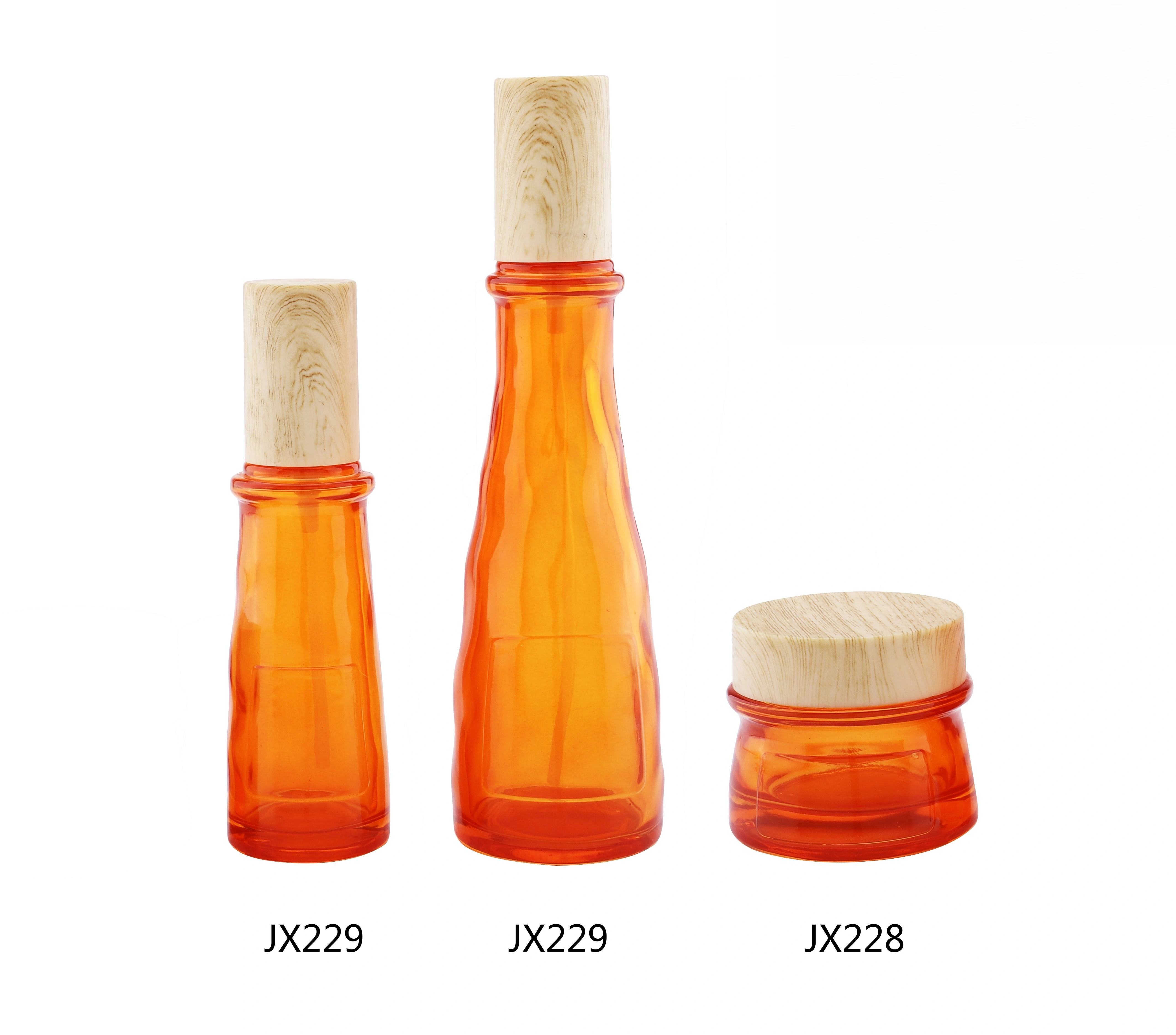 Amber - Orange Glass Skincare Bottle Set with Wooden - Like Caps (Models JX228, JX229) - Full Specifications 1