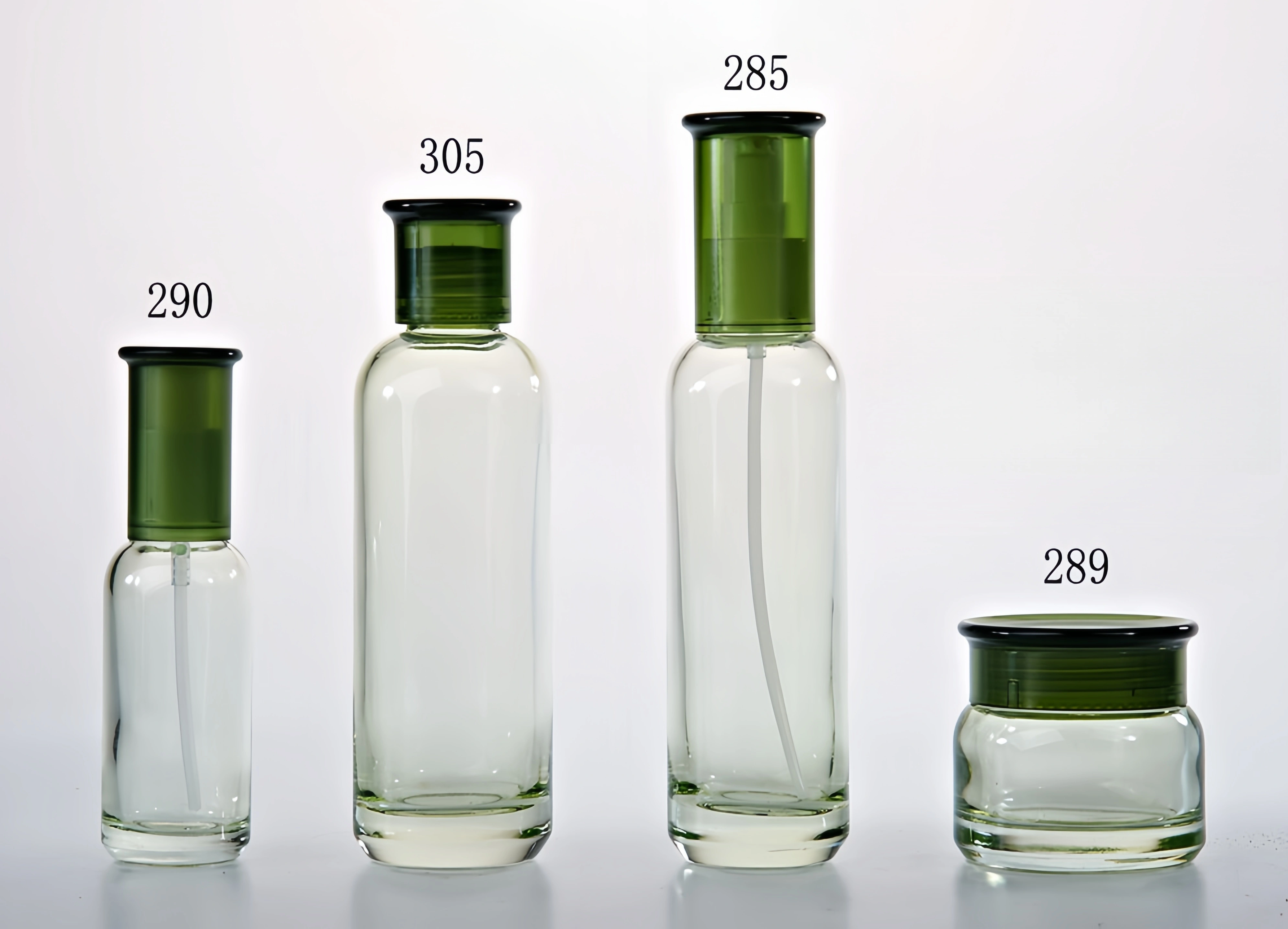 Clear Glass Skincare Bottle Set with Green - Black Caps (Models 285, 289, 290, 305) - Full Specifications 1