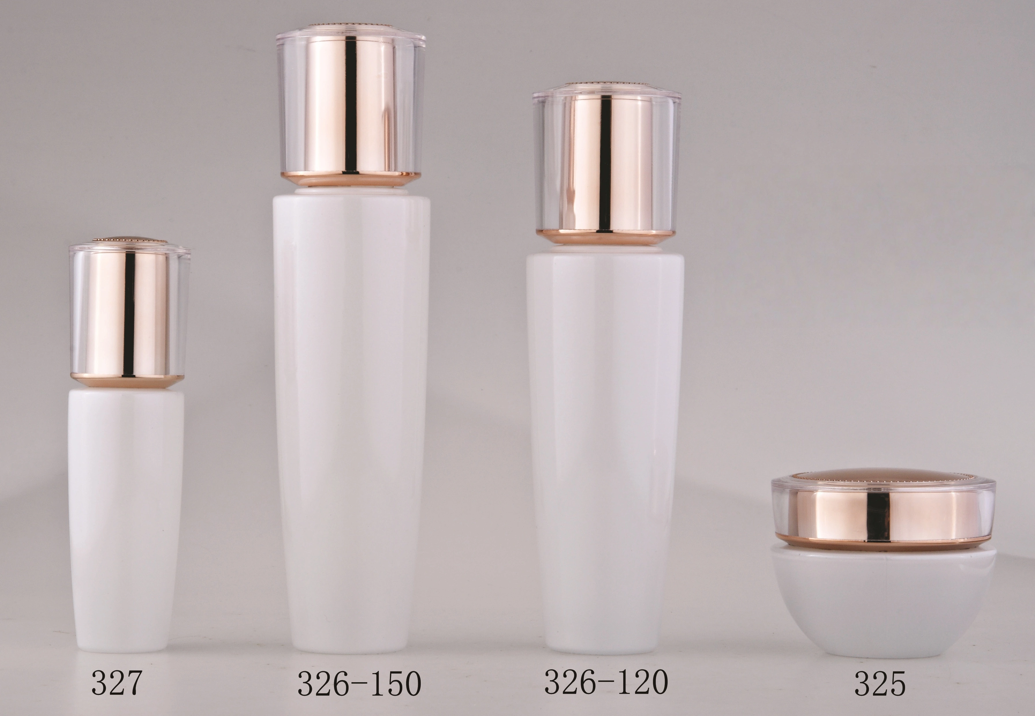 White Glass Skincare Bottle Set with Rose - Gold Accents (Models 325, 326 - 120, 326 - 150, 327) - Full Specifications 1