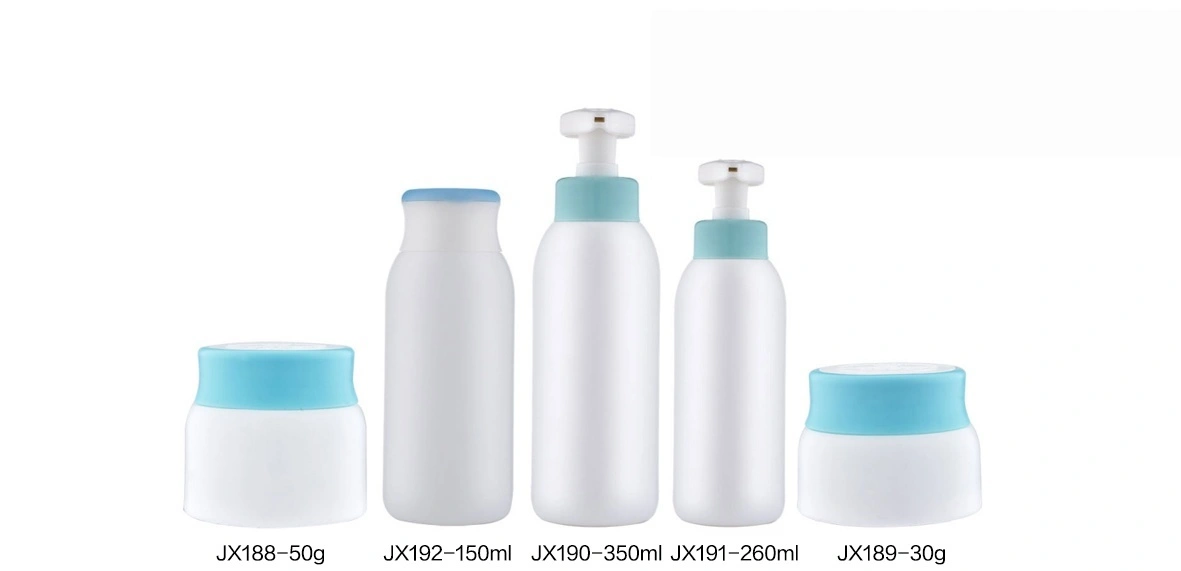 White Plastic Skincare Bottle Set with Light Blue Caps (Models JX188, JX189, JX190, JX191, JX192) - Full Specifications 1