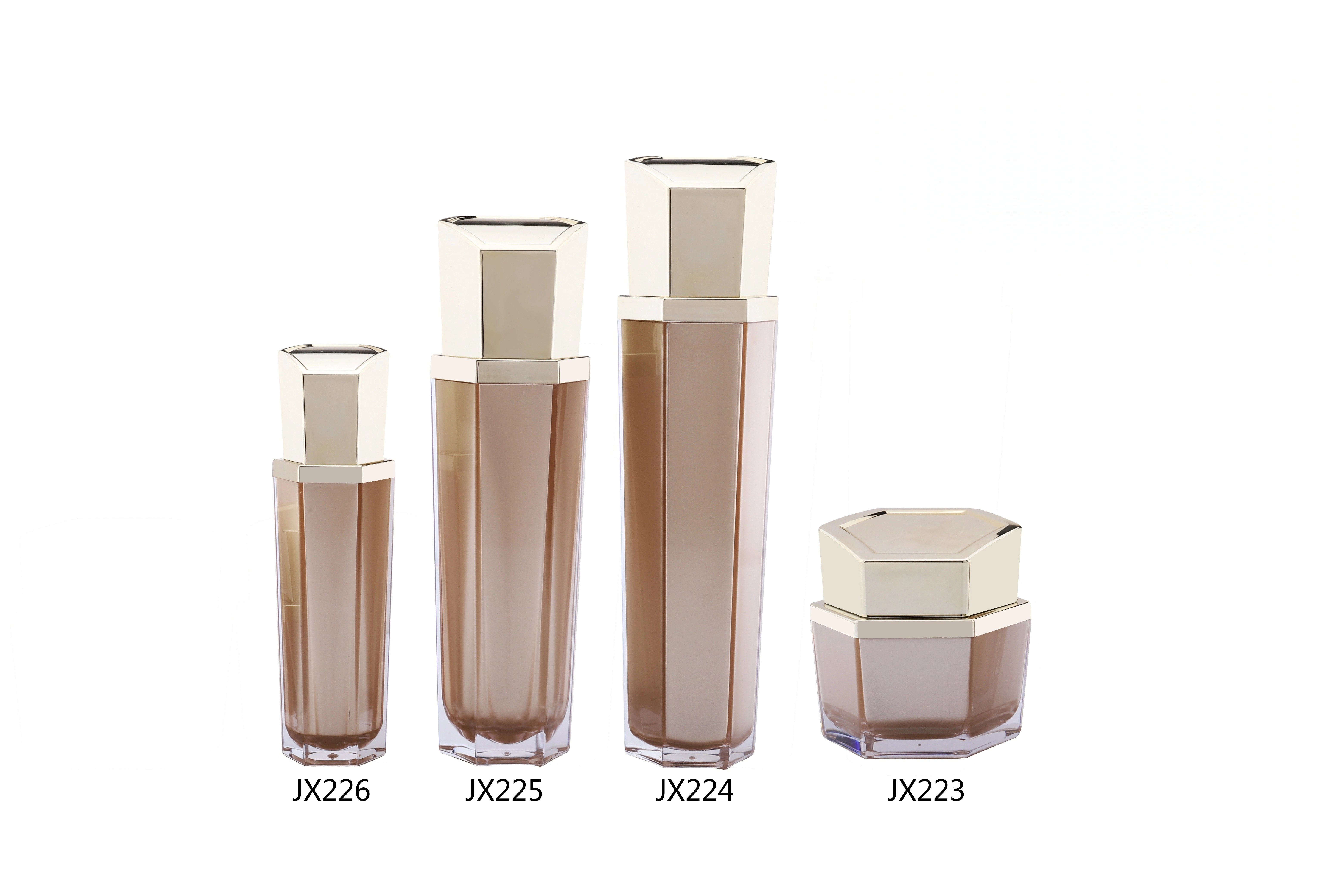 Champagne - Toned Plastic Skincare Bottle Set with Gold - Accented Caps (Models JX223, JX224, JX225, JX226) - Full Specifications 1