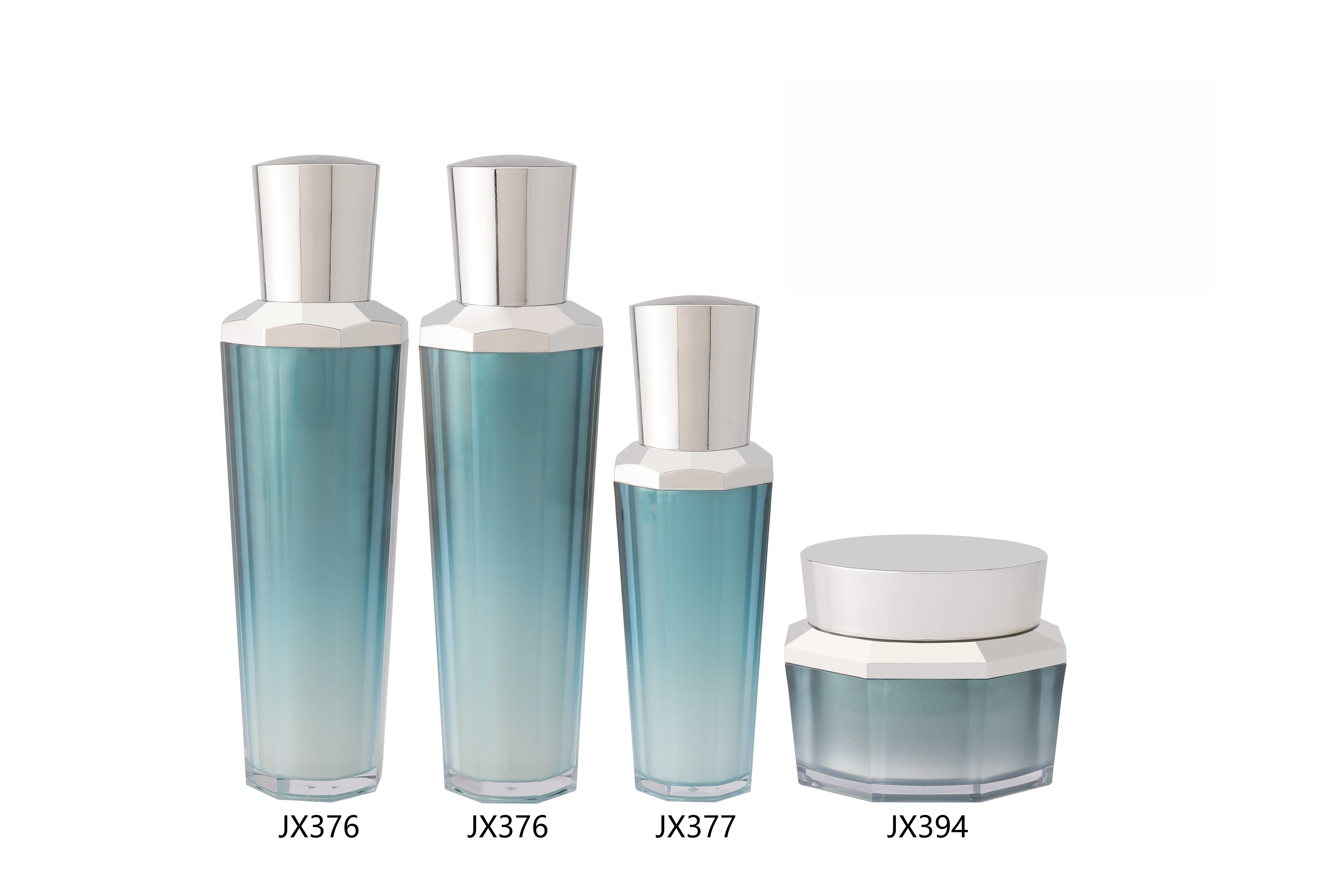 Gradient - Blue Plastic Skincare Bottle Set with Silver - Toned Caps (Models JX376, JX377, JX394) - Full Specifications 1