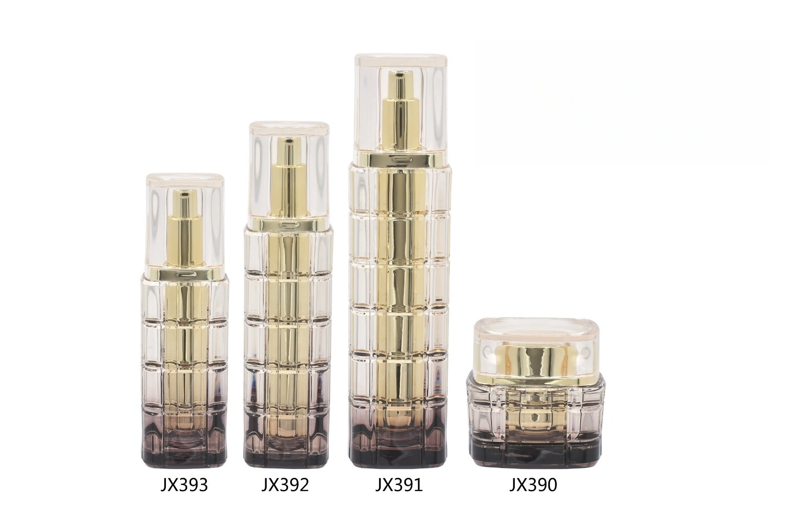 Gradient - Color Plastic Skincare Bottle Set with Gold - Accented Pumps (Models JX390, JX391, JX392, JX393) - Full Specifications 1