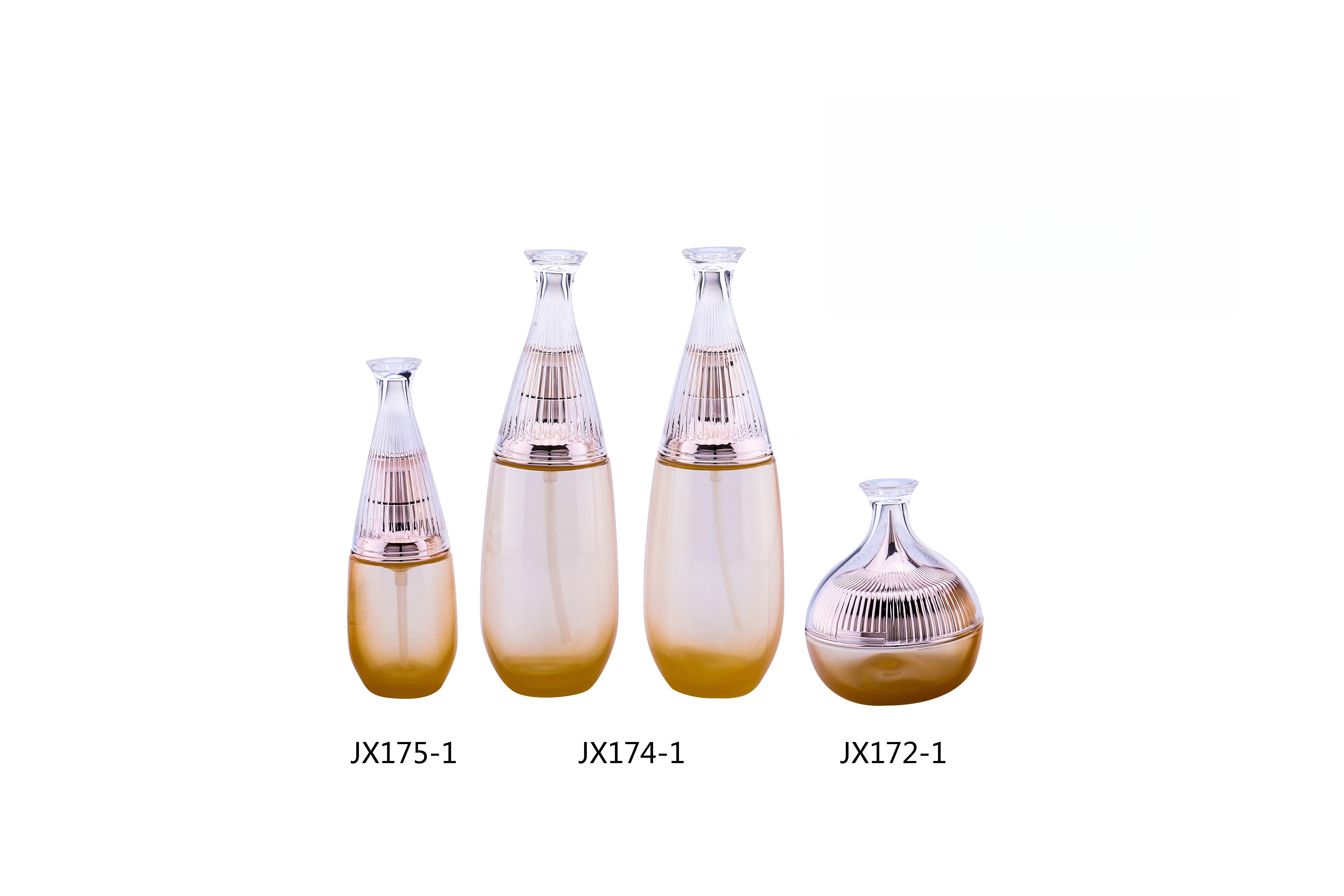 Gradiente - Conjunto de botellas de cuidado de la piel de plástico en color con tapas metálicas - texturizadas (modelos JX172-1, JX175-1, JX174-1) - Especificaciones completas 1