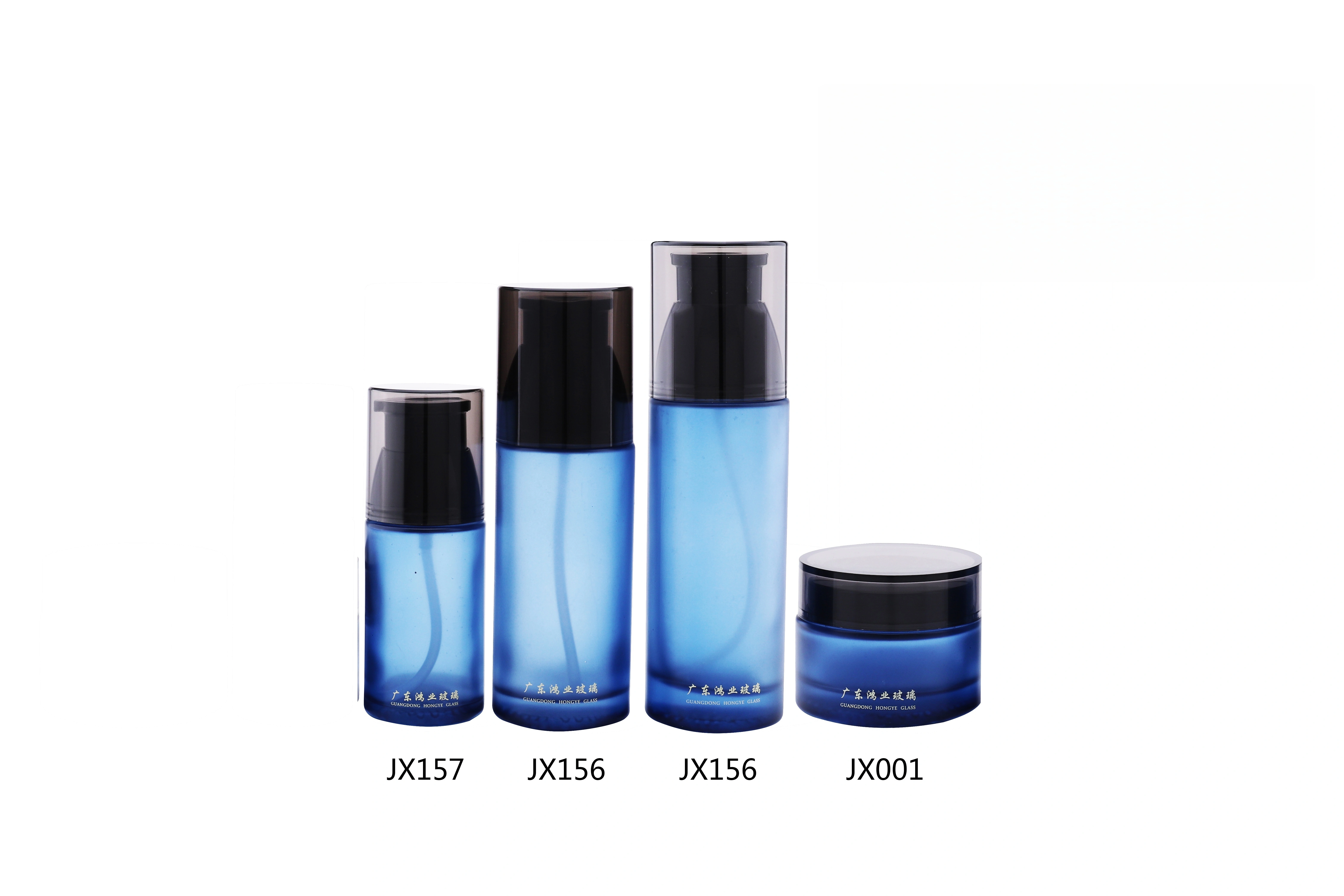 Blue Glass Skincare Bottle Set with Black Caps (Models JX001, JX157, JX156) - Full Specifications 1