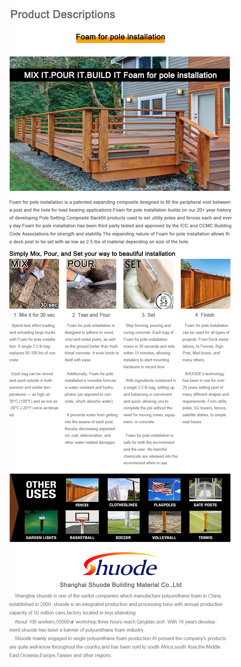 900 мл быстрого установки & Заменитель бетона & пена негидрофильная пена для установки полюса 8