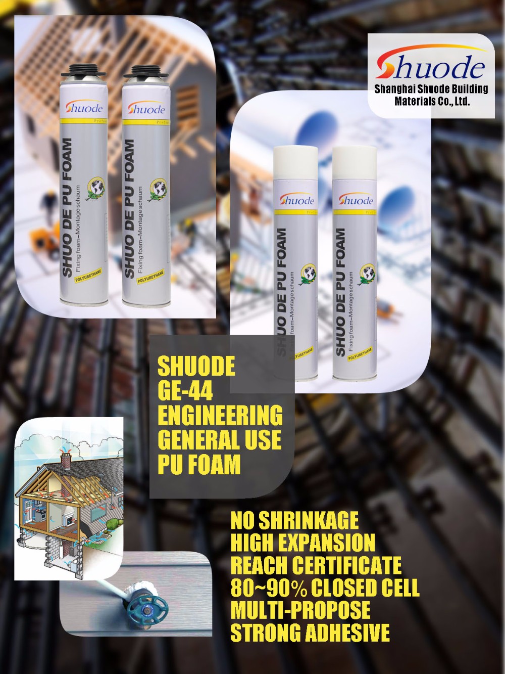 Shuode - Çin Üreticisi Shuode Mühendisliği Sınıf 750ml İnşaat Esnek Poliüretan PU Köpük Renkli Sprey Genişletilebilir PU Köpük 9