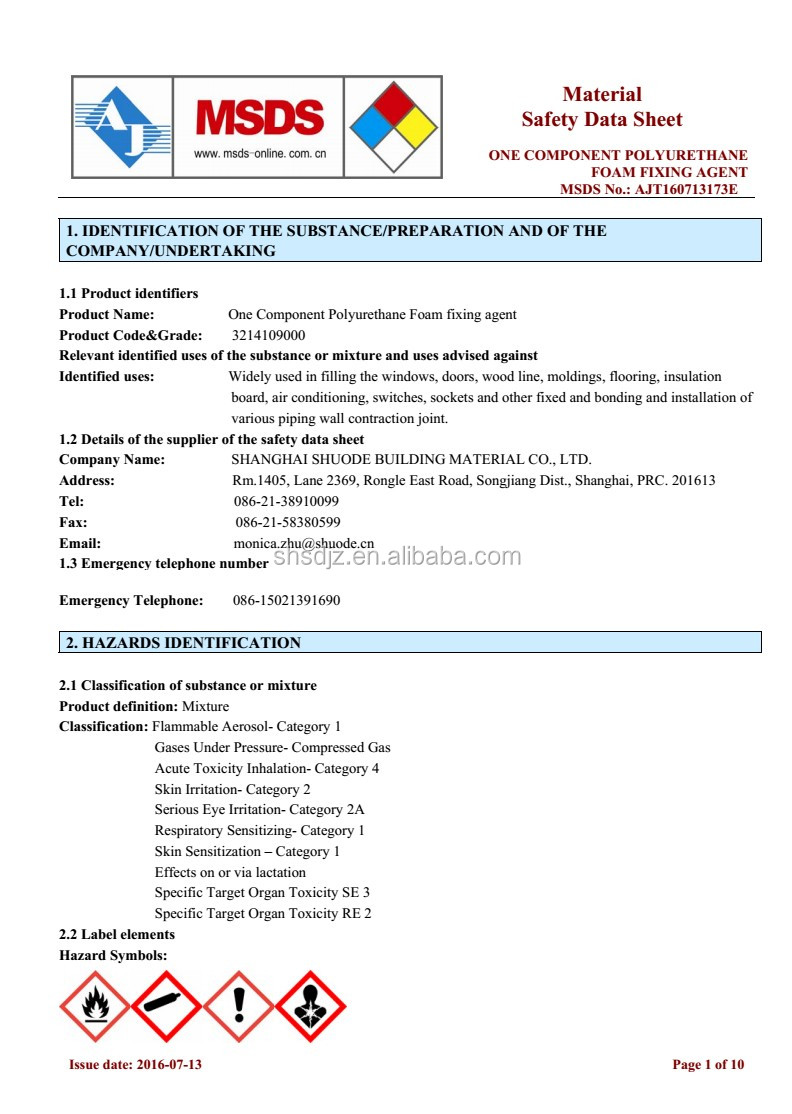 Silicona tensioactiva MSDS espuma en aerosol de poliuretano 39