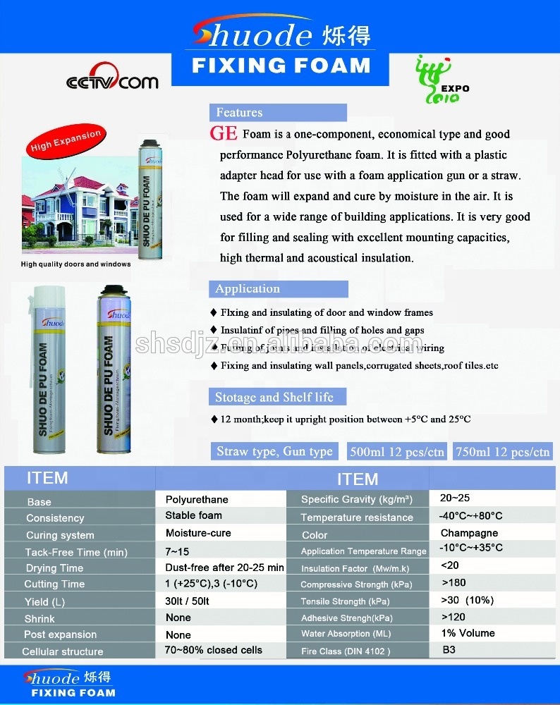 Shuode - Agente de sellado de espuma de poliuretano Firéngase de fuego para el relleno de la puerta y la ventana, el adhesivo y el sellador de espuma PU expandible 9