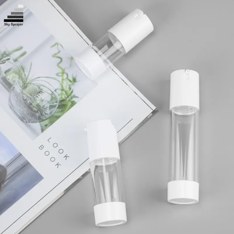 50ml Clear Plastic Airless Bottle with Silver Over Cap & Pump 3