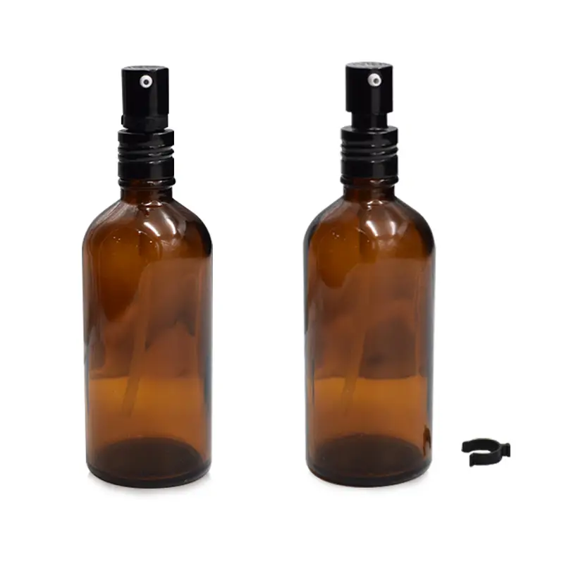 Sky Sprayer - 100ml Empty Small Amber Plastic Bottles with Black Fine Mist Sprayers PET Bottle 1