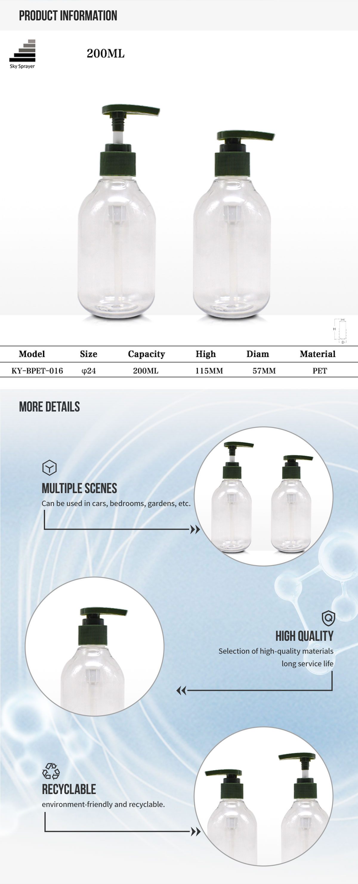 Sky Sprayer - 200ml Transparent Cosmetic Empty Plastic PET Shampoo Lotion Bottle With Pump Lotion Pump 9