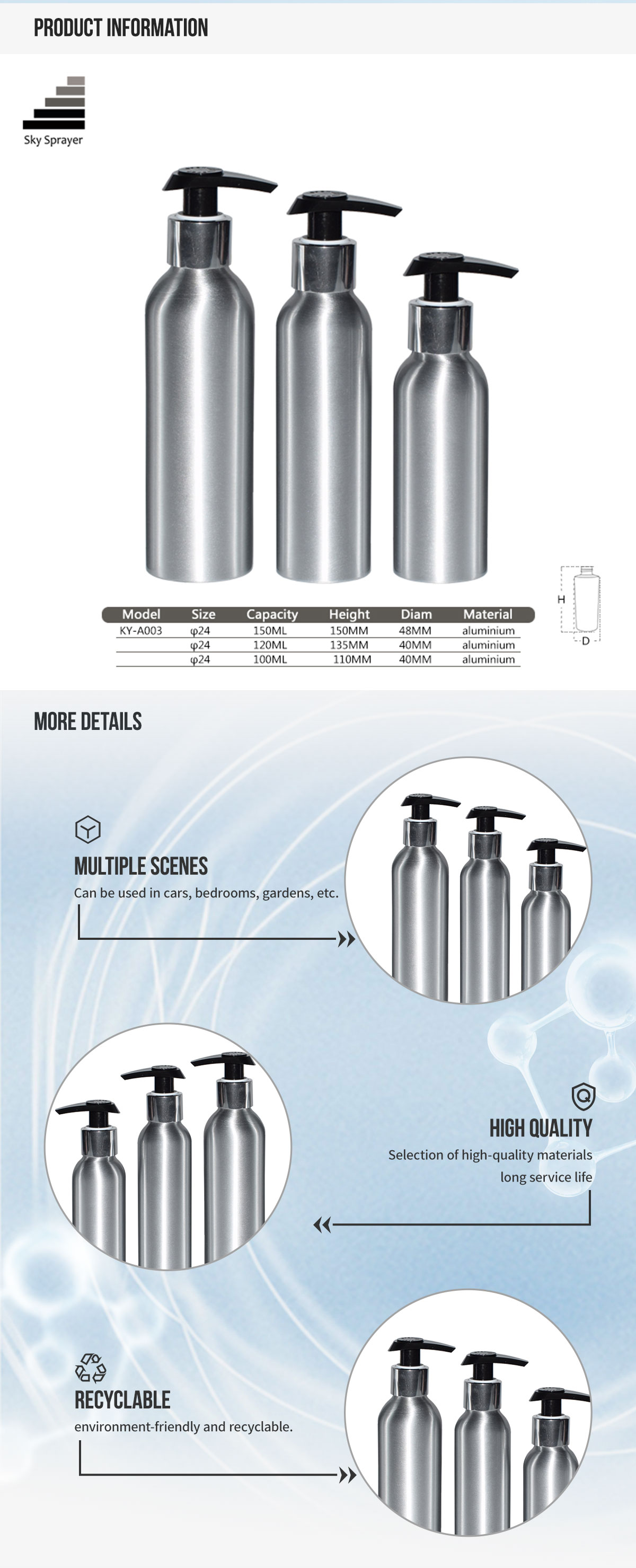 Sky Sprayer - Cosmetic Packaging Spray Airless Tube Atomizer Lotion Spray Pump Bottles Refillable Pump Perfume Aluminum Bottle Aluminum Bottle 4