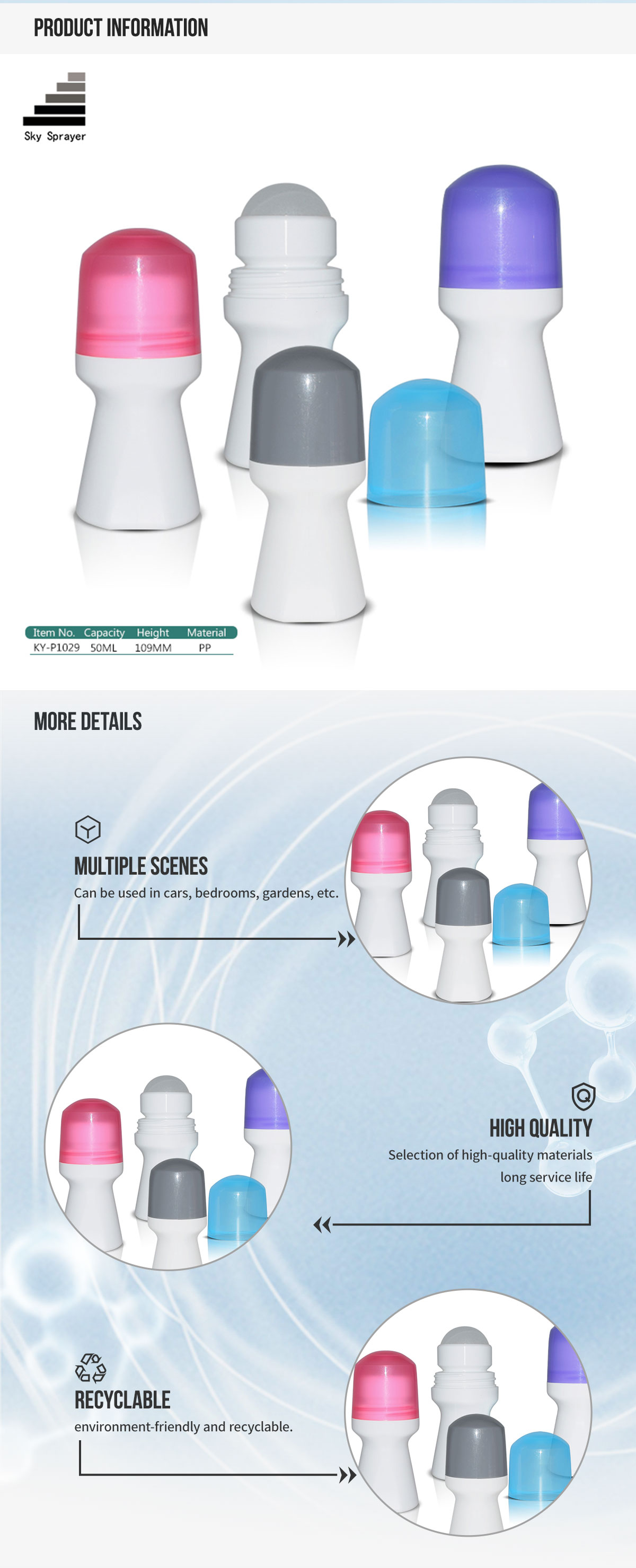Rociador Sky - KY-P1029 Botella de plástico PP rosa y azul de 50 ml con aplicador roll-on. 9